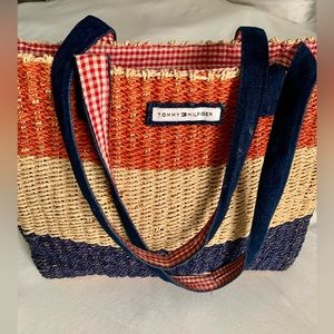 Tommy Hilfiger Red White and Blue Straw Woven Striped Purse Vintage